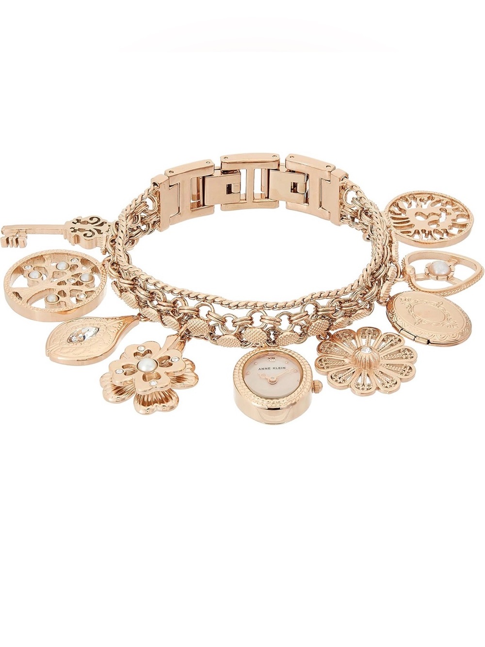 ANN KLEIN GOLD CHARMS BRACELET WATCH WITH SWAROVSKI CRYSTALS
